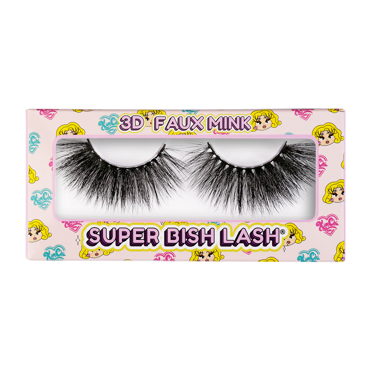 Packaging for Super Bish Lash 3D Faux Mink eyelashes with colorful cartoon graphics.