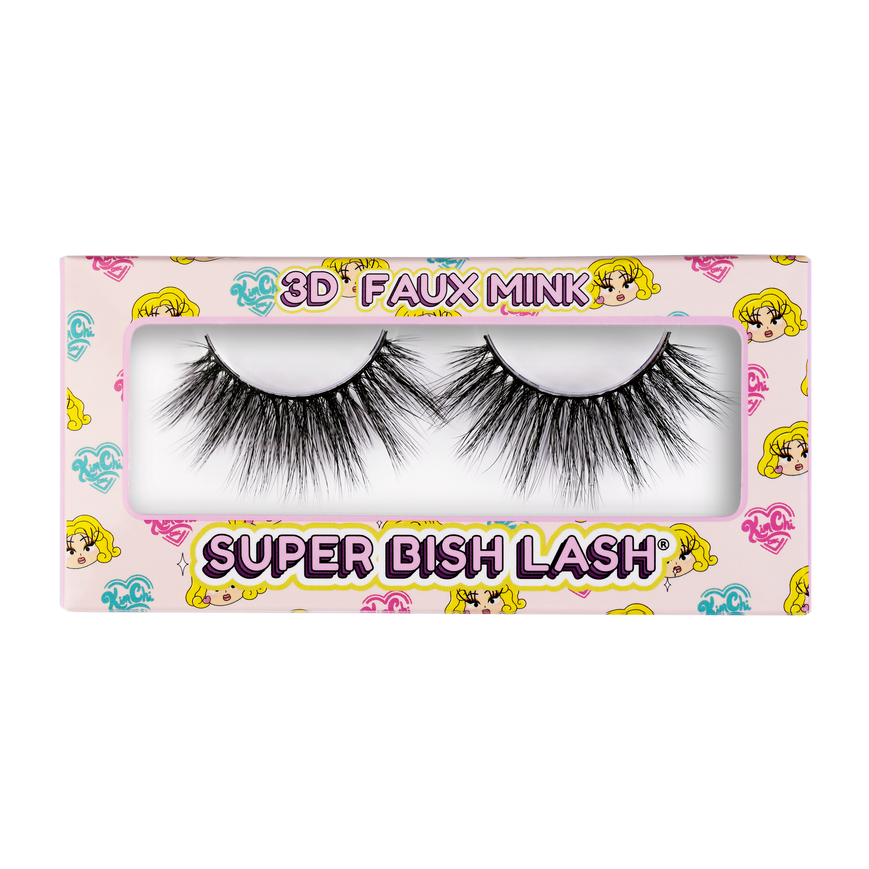 Packaged false eyelashes labeled '3D Faux Mink Super Bish Lash' with cartoon designs on the box.