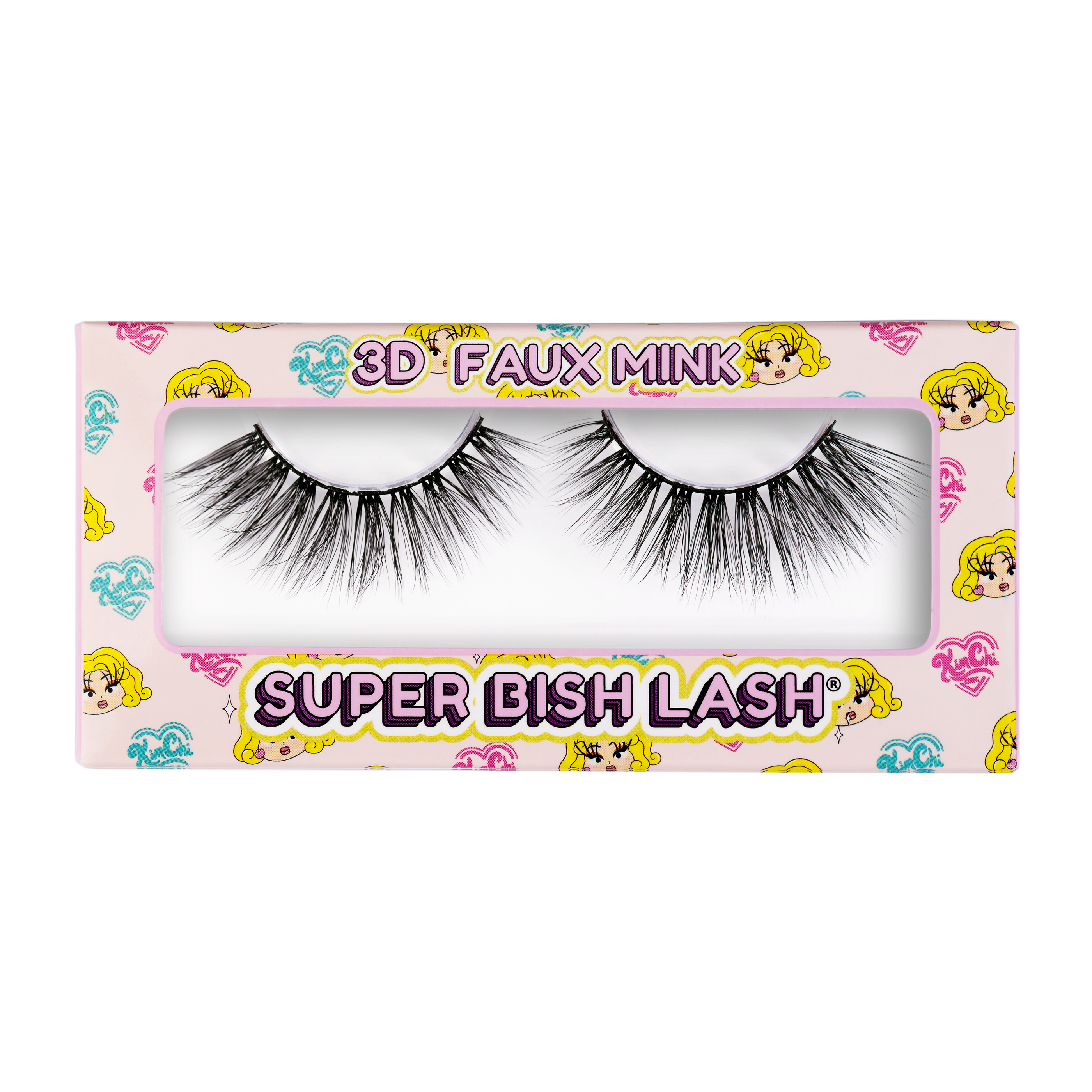 Box of 3D faux mink eyelashes labeled 'Super Bish Lash' with colorful cartoon character background.