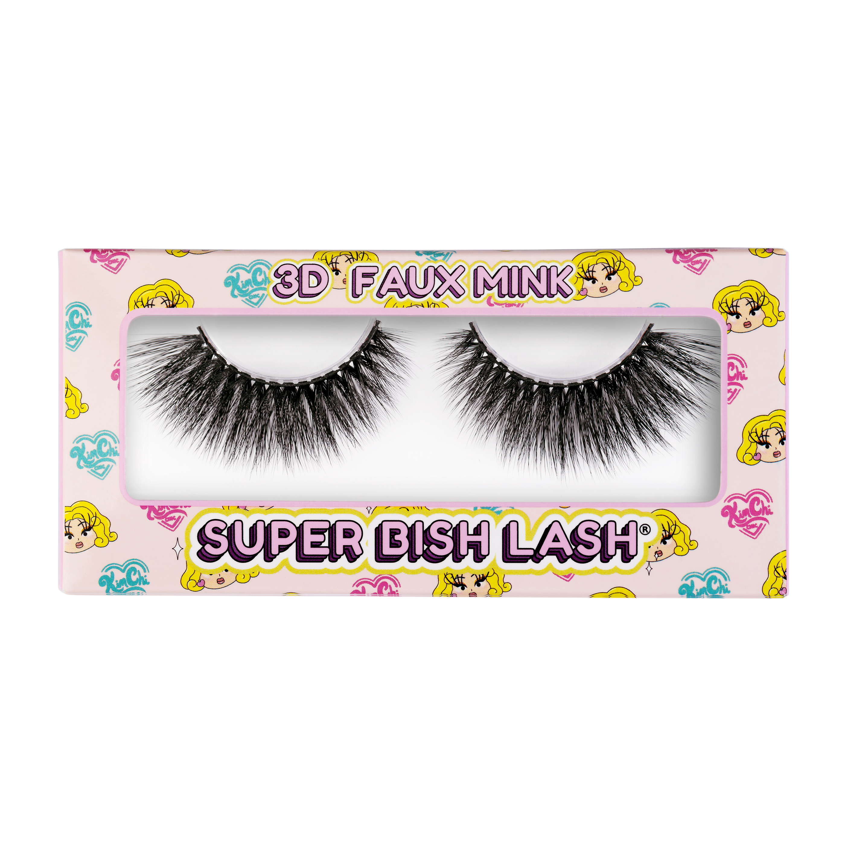 3D faux mink eyelashes in decorative packaging labeled 'Super Bish Lash' with cartoon characters